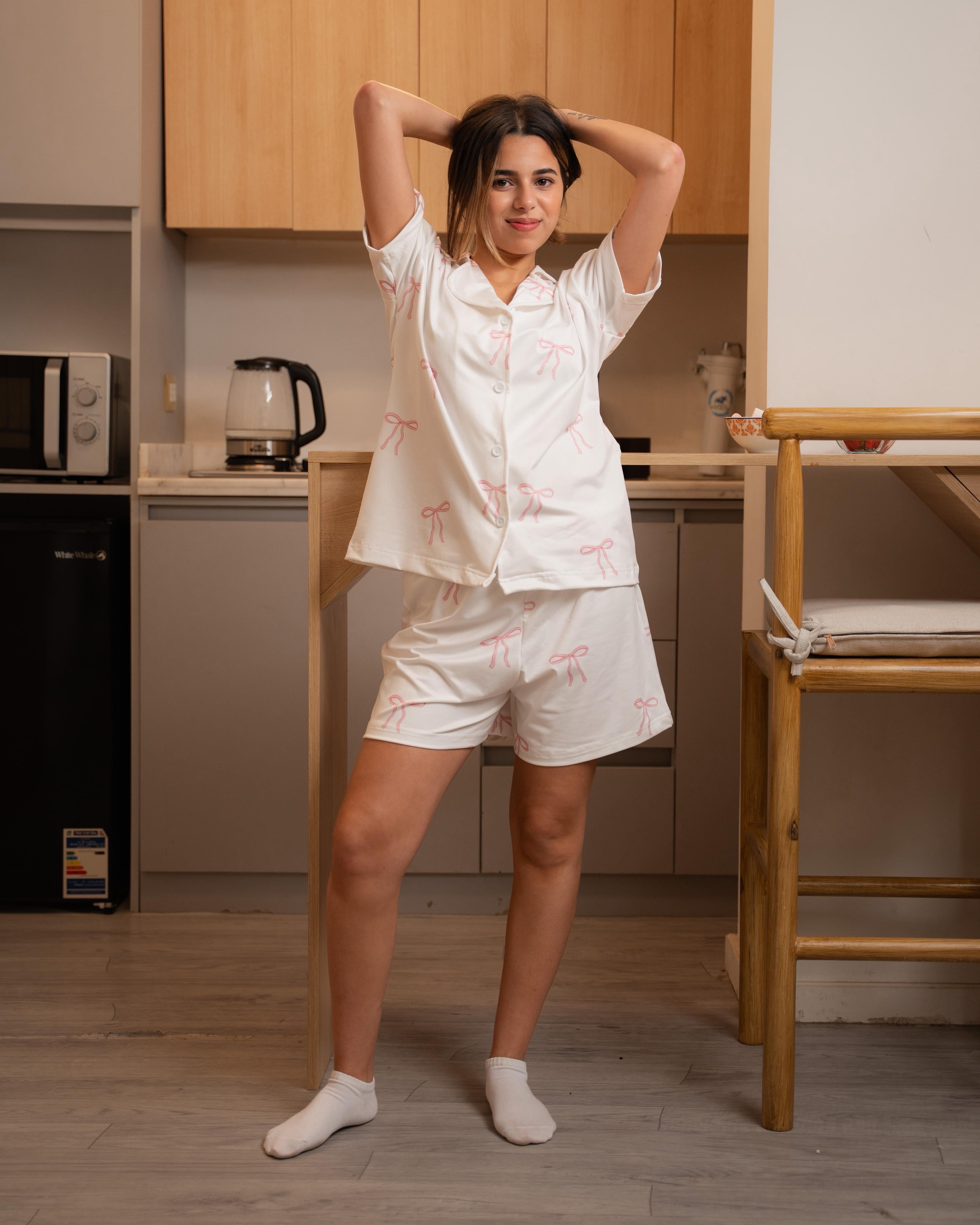 Bow White Shorts Set